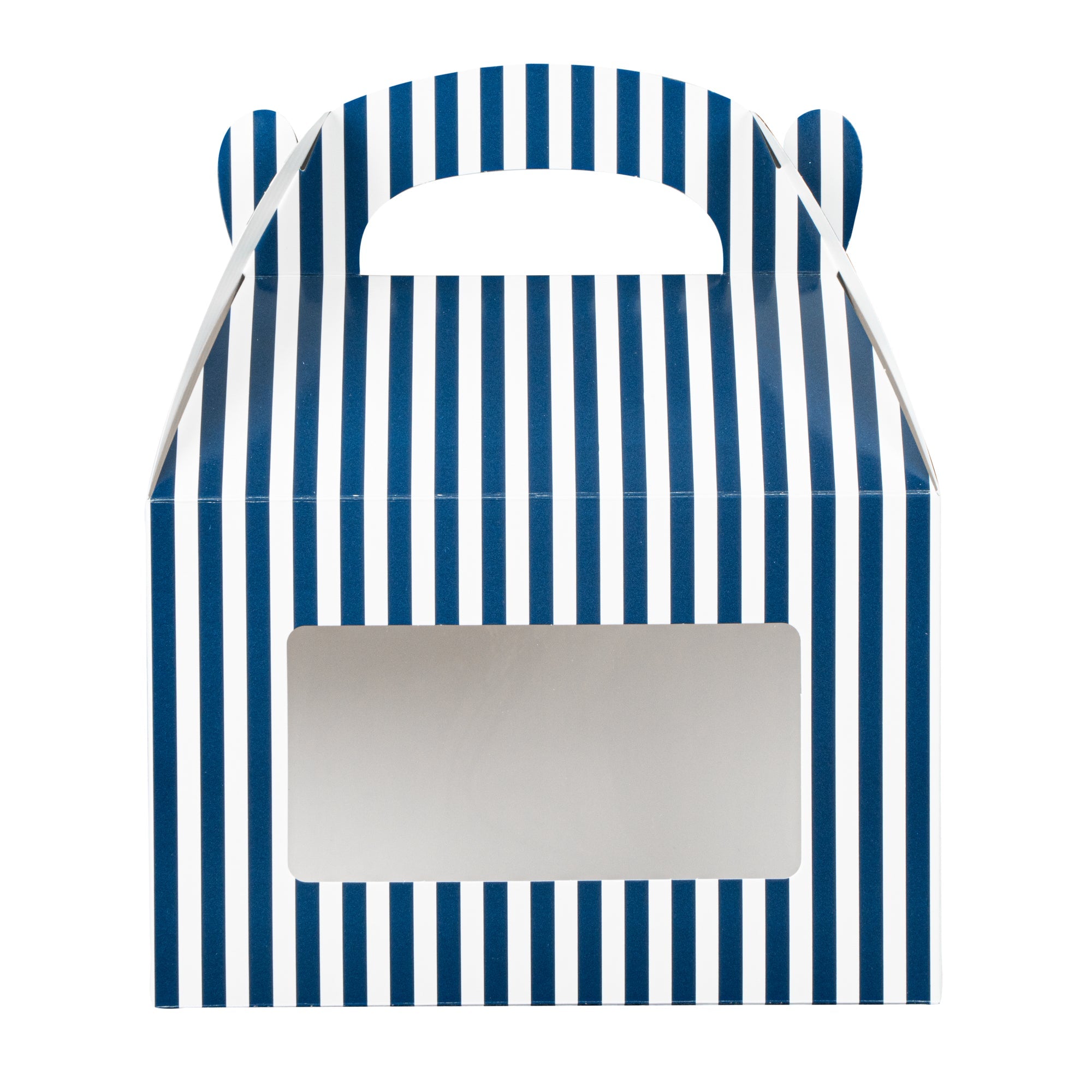 Bio Tek Blue and White Stripe Paper Gable Box / Take Out Container - with Window - 8 1/2" x 4 3/4" x 5 1/2" - 100 count box