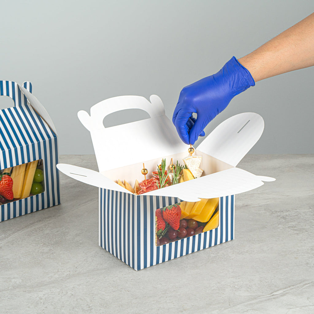Bio Tek Blue and White Stripe Paper Gable Box / Take Out Container - with Window - 8 1/2" x 4 3/4" x 5 1/2" - 100 count box