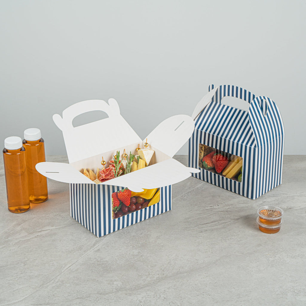 Bio Tek Blue and White Stripe Paper Gable Box / Take Out Container - with Window - 8 1/2" x 4 3/4" x 5 1/2" - 100 count box