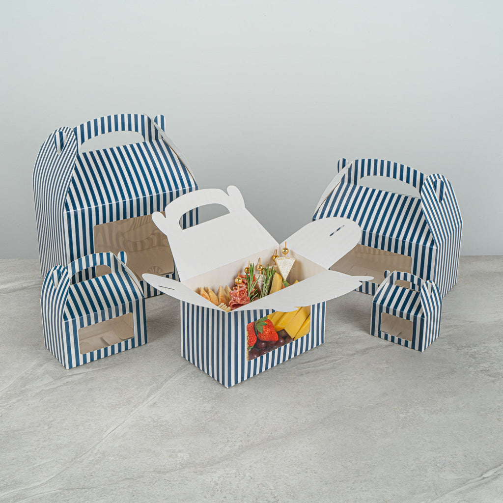 Bio Tek Blue and White Stripe Paper Gable Box / Take Out Container - with Window - 8 1/2" x 4 3/4" x 5 1/2" - 100 count box