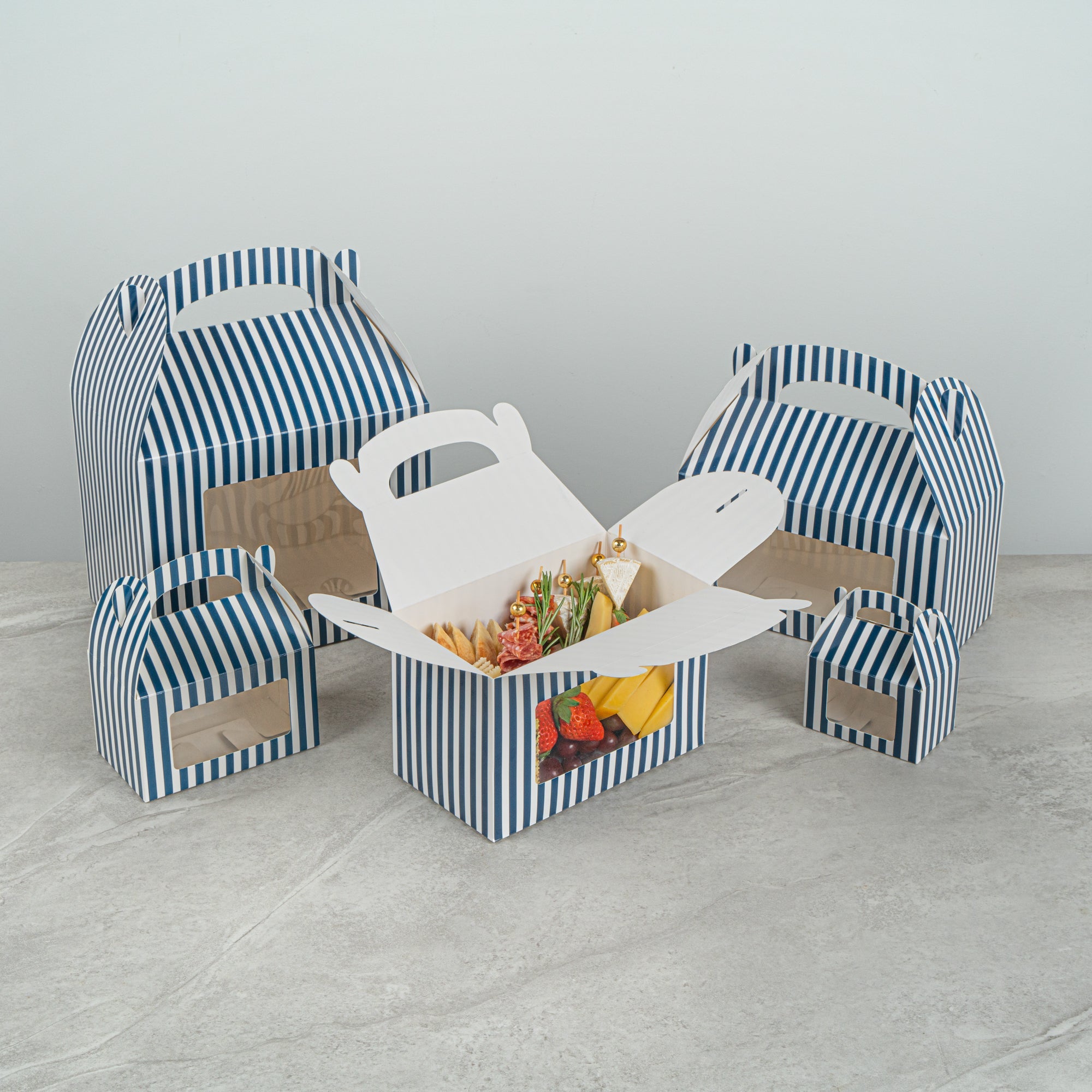 Bio Tek Blue and White Stripe Paper Gable Box / Take Out Container - with Window - 8 1/2" x 4 3/4" x 5 1/2" - 100 count box