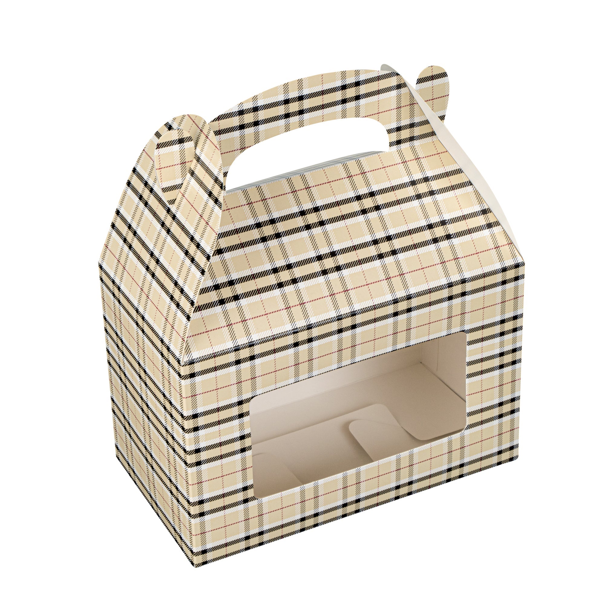 Bio Tek Plaid Paper Gable Box / Take Out Container - with Window - 8 1/2" x 4 3/4" x 5 1/2" - 25 count box