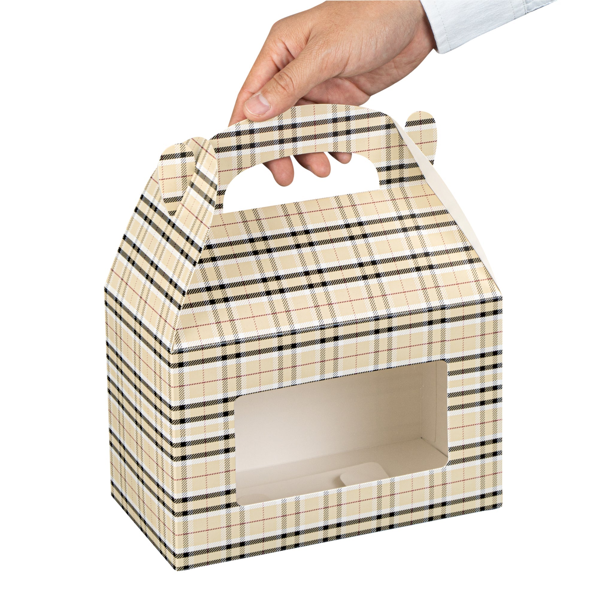 Bio Tek Plaid Paper Gable Box / Take Out Container - with Window - 8 1/2" x 4 3/4" x 5 1/2" - 25 count box