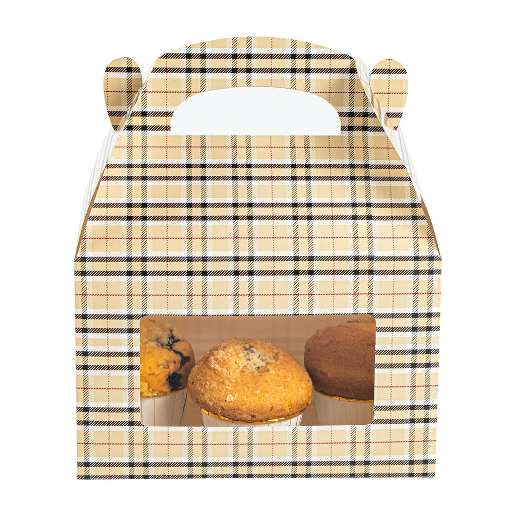 Bio Tek Plaid Paper Gable Box / Take Out Container - with Window - 8 1/2" x 4 3/4" x 5 1/2" - 25 count box