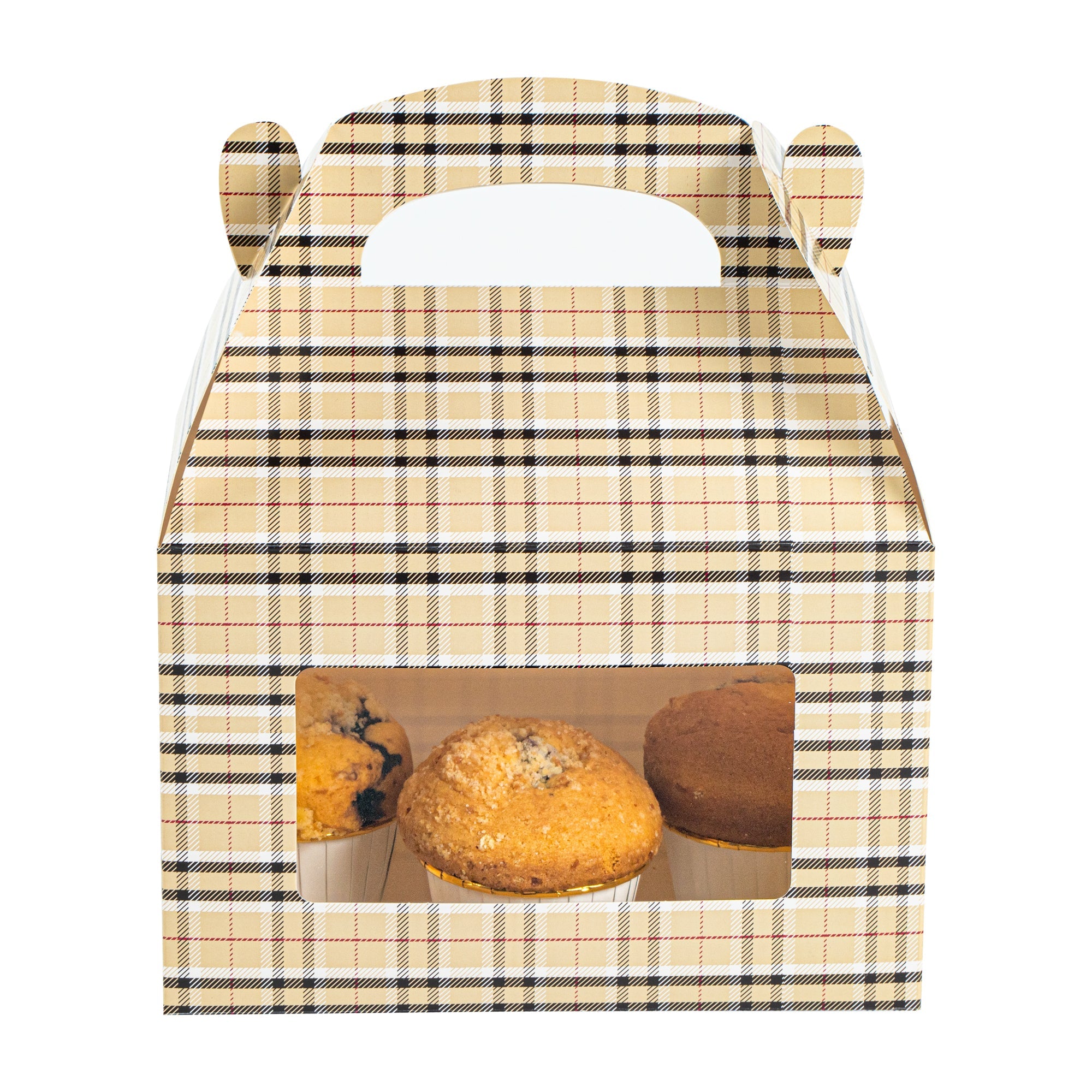 Bio Tek Plaid Paper Gable Box / Take Out Container - with Window - 8 1/2" x 4 3/4" x 5 1/2" - 25 count box