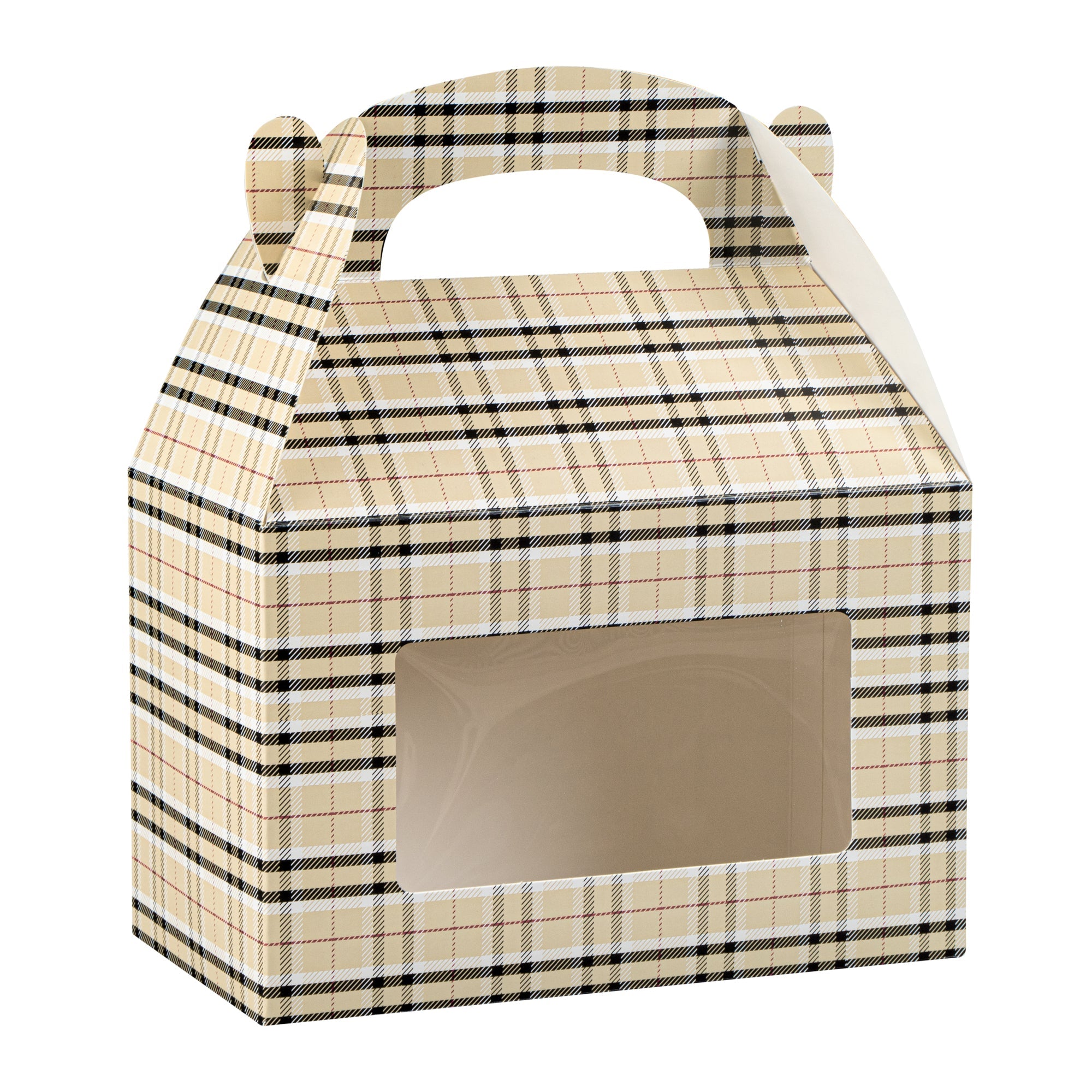Bio Tek Plaid Paper Gable Box / Take Out Container - with Window - 8 1/2" x 4 3/4" x 5 1/2" - 25 count box