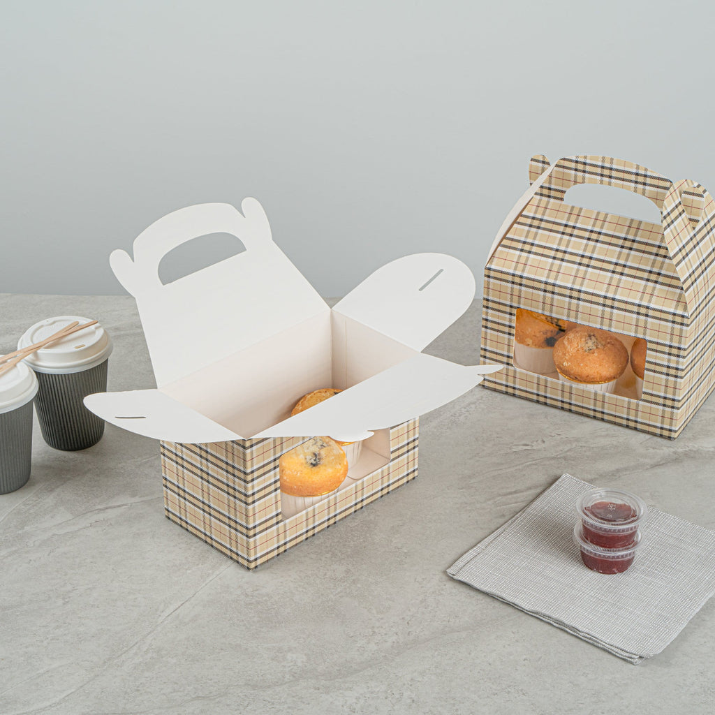 Bio Tek Plaid Paper Gable Box / Take Out Container - with Window - 8 1/2" x 4 3/4" x 5 1/2" - 25 count box