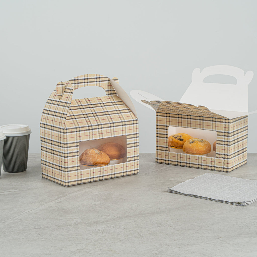 Bio Tek Plaid Paper Gable Box / Take Out Container - with Window - 8 1/2" x 4 3/4" x 5 1/2" - 25 count box