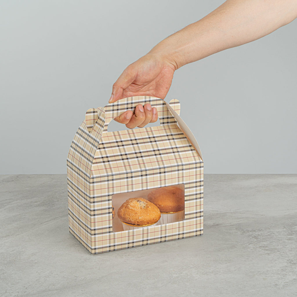 Bio Tek Plaid Paper Gable Box / Take Out Container - with Window - 8 1/2" x 4 3/4" x 5 1/2" - 100 count box