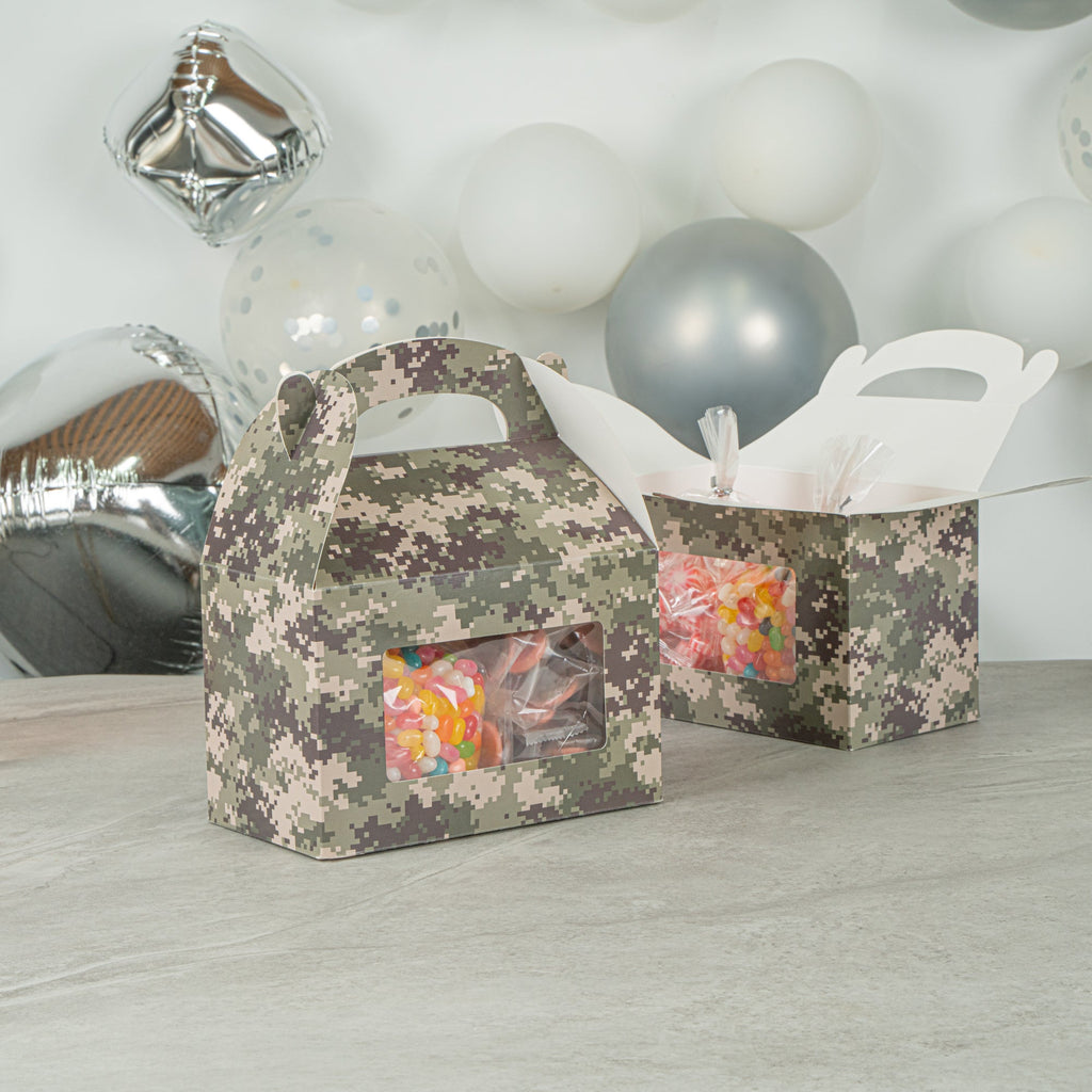 Bio Tek Camouflage Paper Gable Box / Take Out Container - with Window - 8 1/2" x 4 3/4" x 5 1/2" - 25 count box