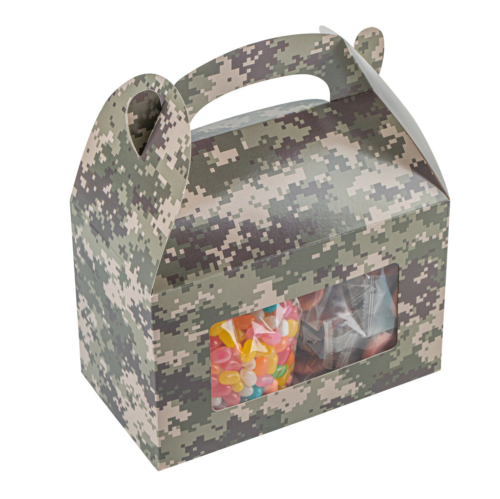 Bio Tek Camouflage Paper Gable Box / Take Out Container - with Window - 8 1/2" x 4 3/4" x 5 1/2" - 25 count box