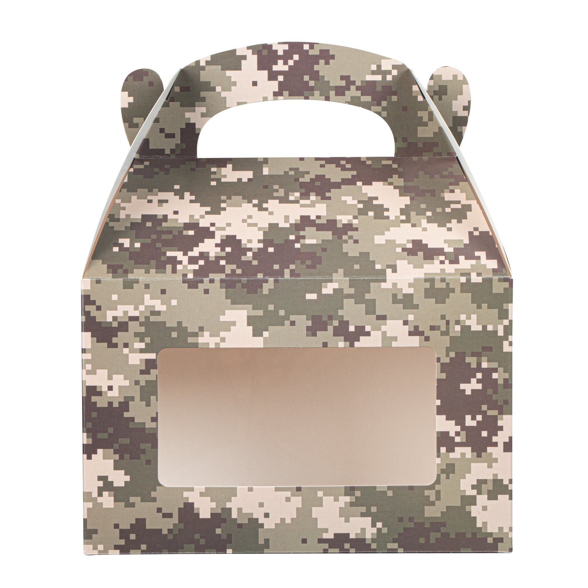 Bio Tek Camouflage Paper Gable Box / Take Out Container - with Window - 8 1/2" x 4 3/4" x 5 1/2" - 25 count box