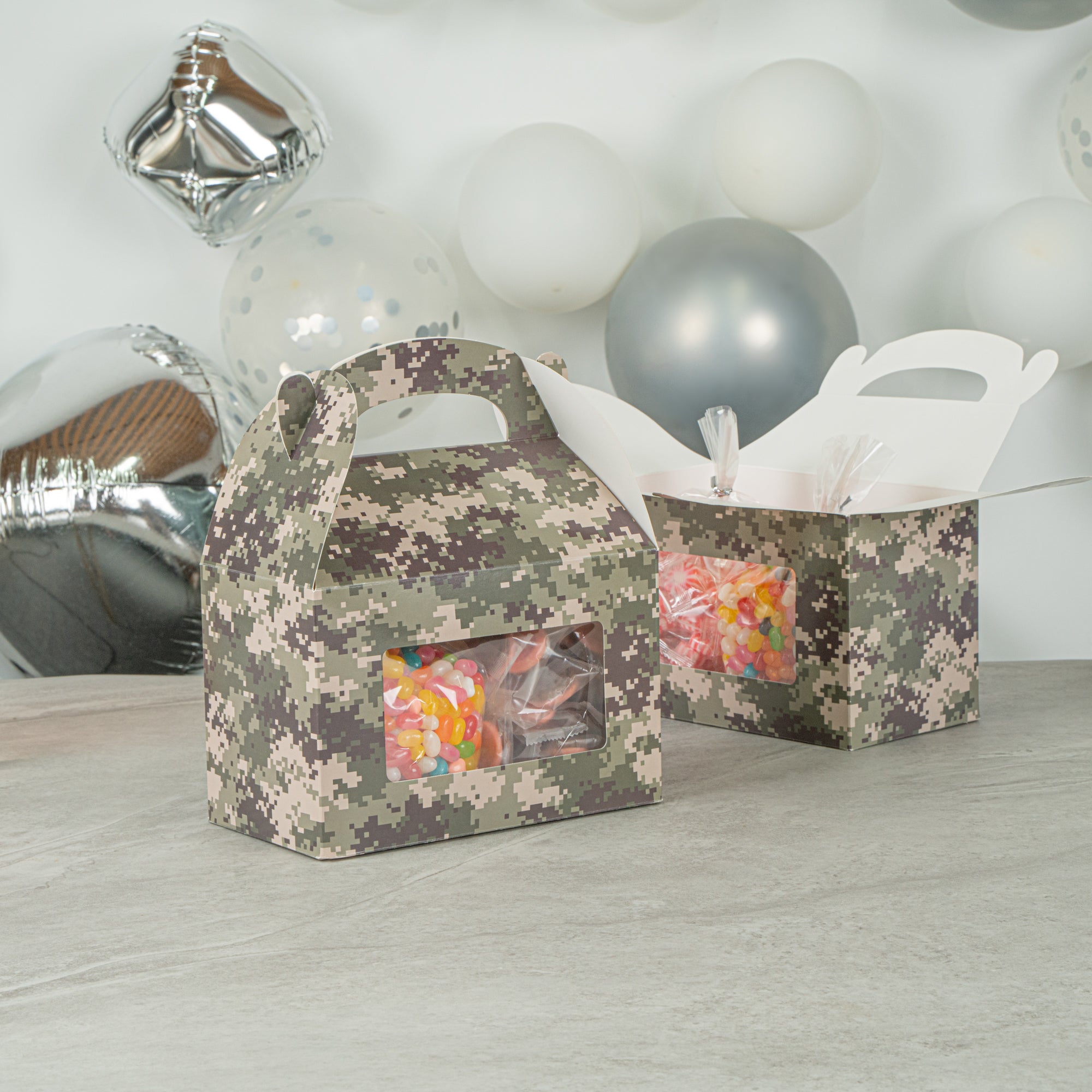 Bio Tek Camouflage Paper Gable Box / Take Out Container - with Window - 8 1/2" x 4 3/4" x 5 1/2" - 100 count box