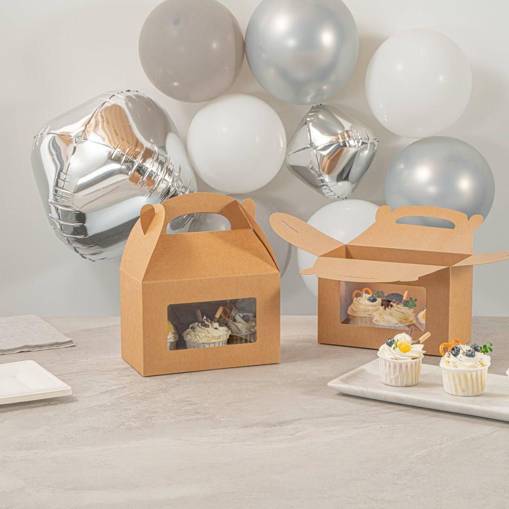 Bio Tek Kraft Paper Gable Box / Take Out Container - Greaseproof, with Window - 8 1/2" x 4 3/4" x 5 1/2" - 100 count box