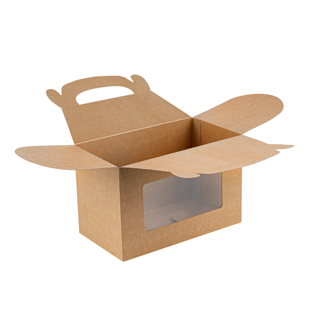 Bio Tek Kraft Paper Gable Box / Take Out Container - Greaseproof, with Window - 8 1/2" x 4 3/4" x 5 1/2" - 100 count box