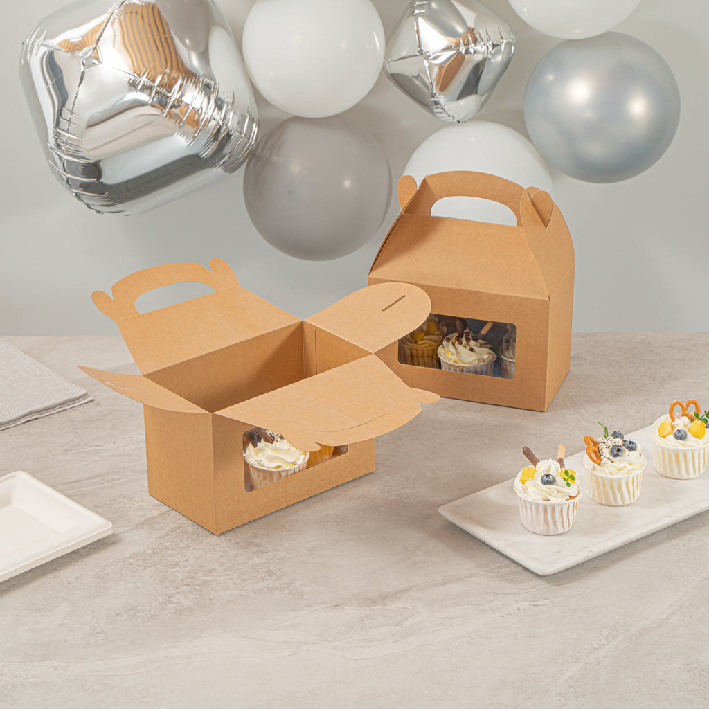 Bio Tek Kraft Paper Gable Box / Take Out Container - Greaseproof, with Window - 8 1/2" x 4 3/4" x 5 1/2" - 100 count box