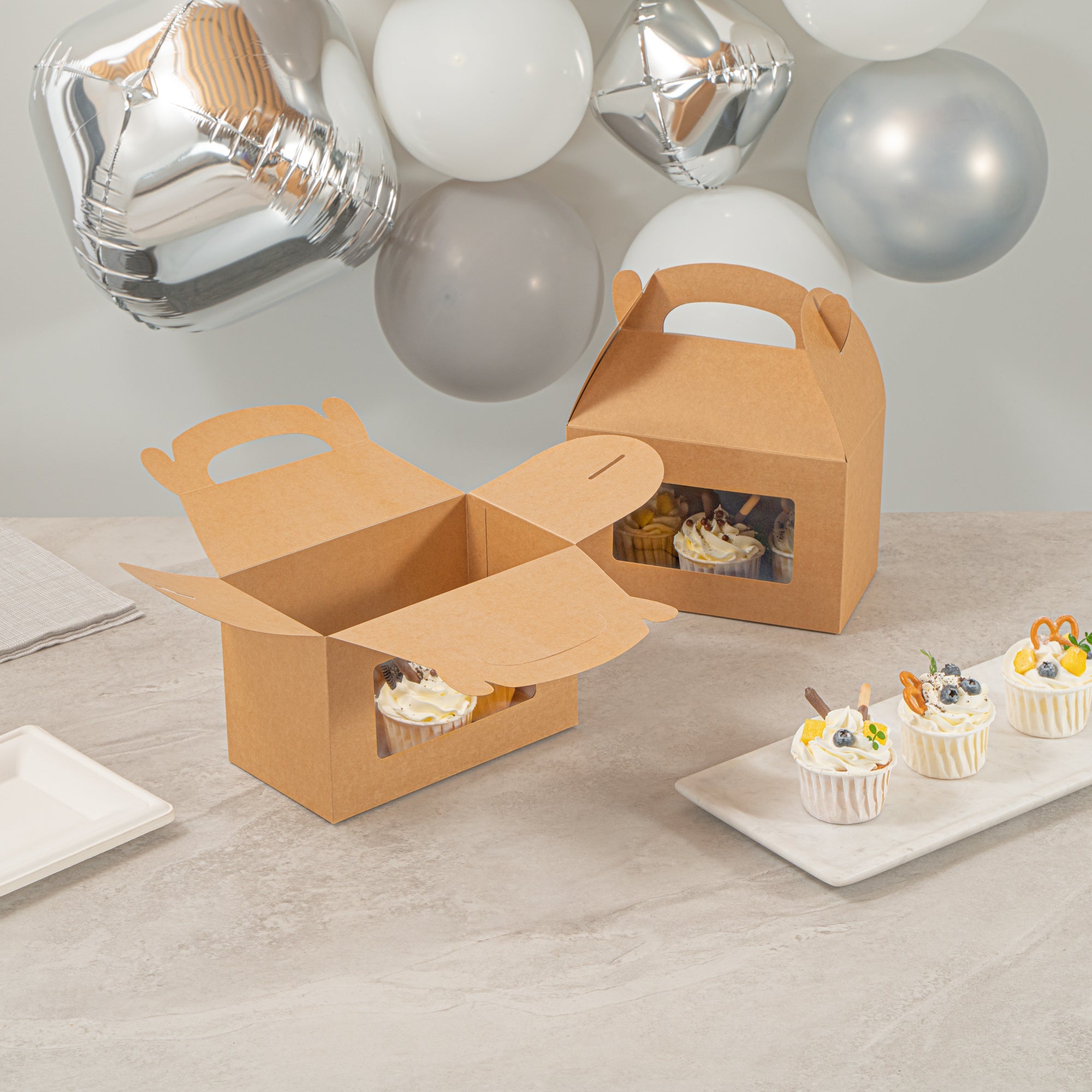 Bio Tek Kraft Paper Gable Box / Take Out Container - Greaseproof, with Window - 8 1/2" x 4 3/4" x 5 1/2" - 100 count box