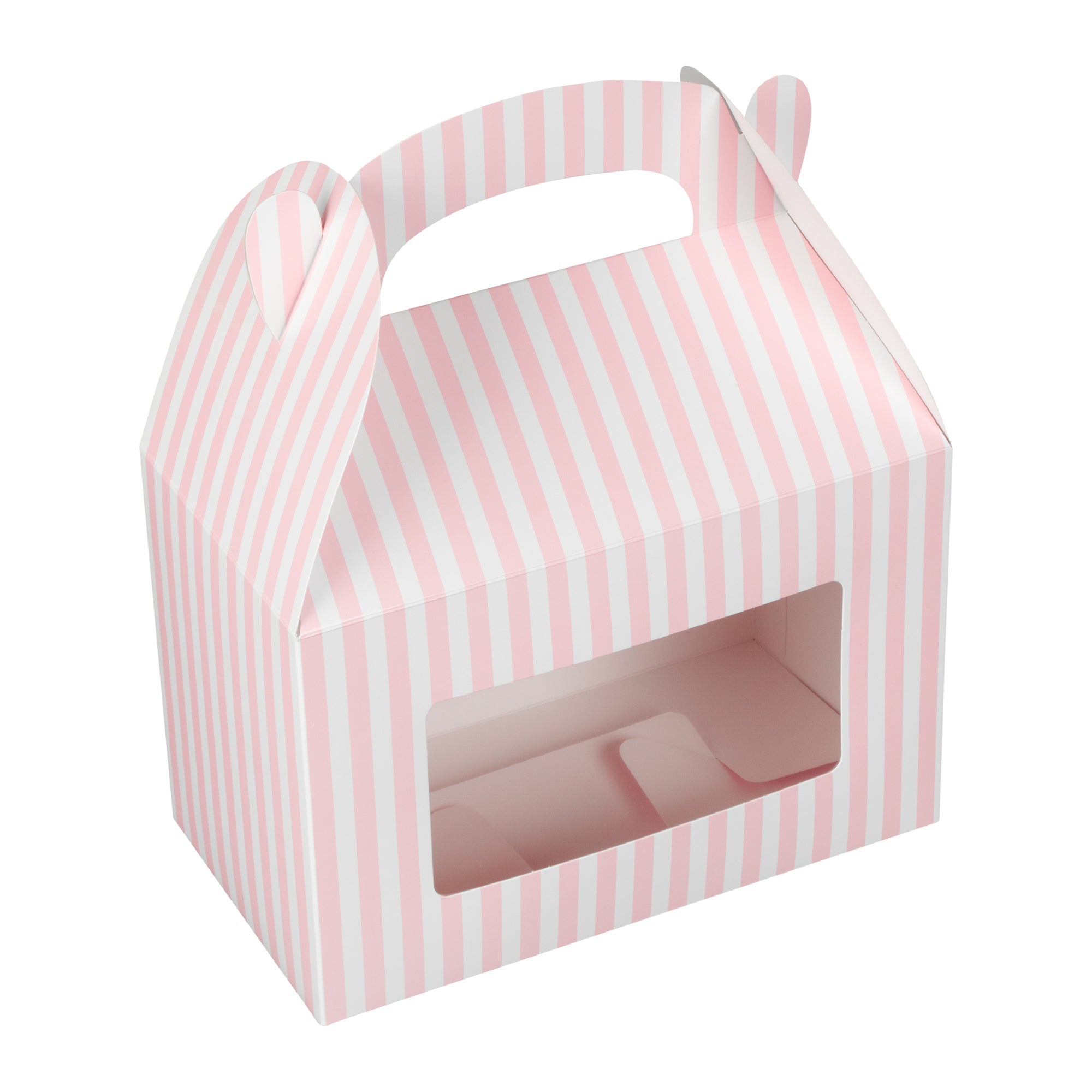 Bio Tek Pink and White Stripe Gable Box / Take Out Container - with Window - 8 1/2" x 4 3/4" x 5 1/2" - 25 count box