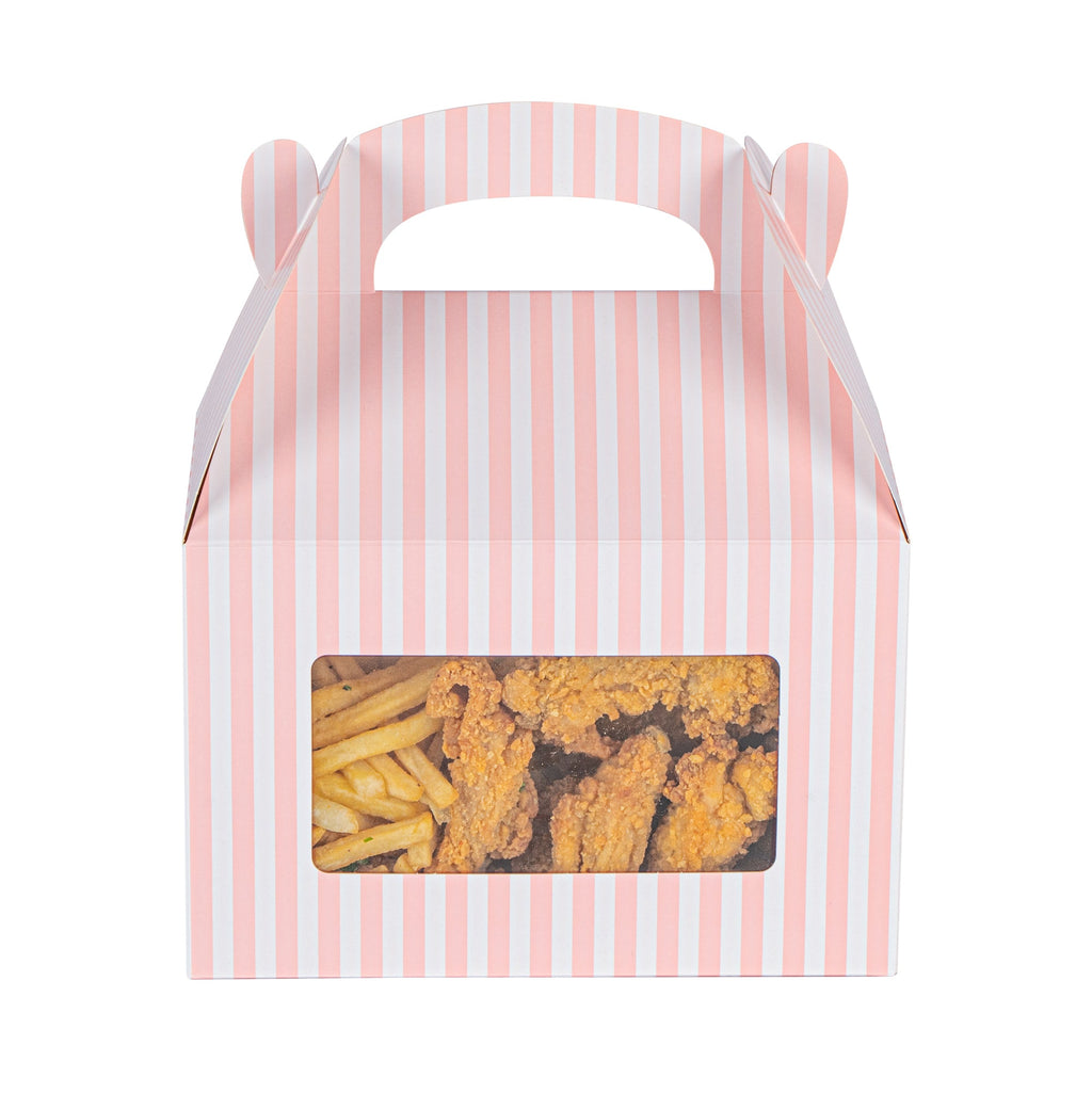 Bio Tek Pink and White Stripe Gable Box / Take Out Container - with Window - 8 1/2" x 4 3/4" x 5 1/2" - 25 count box