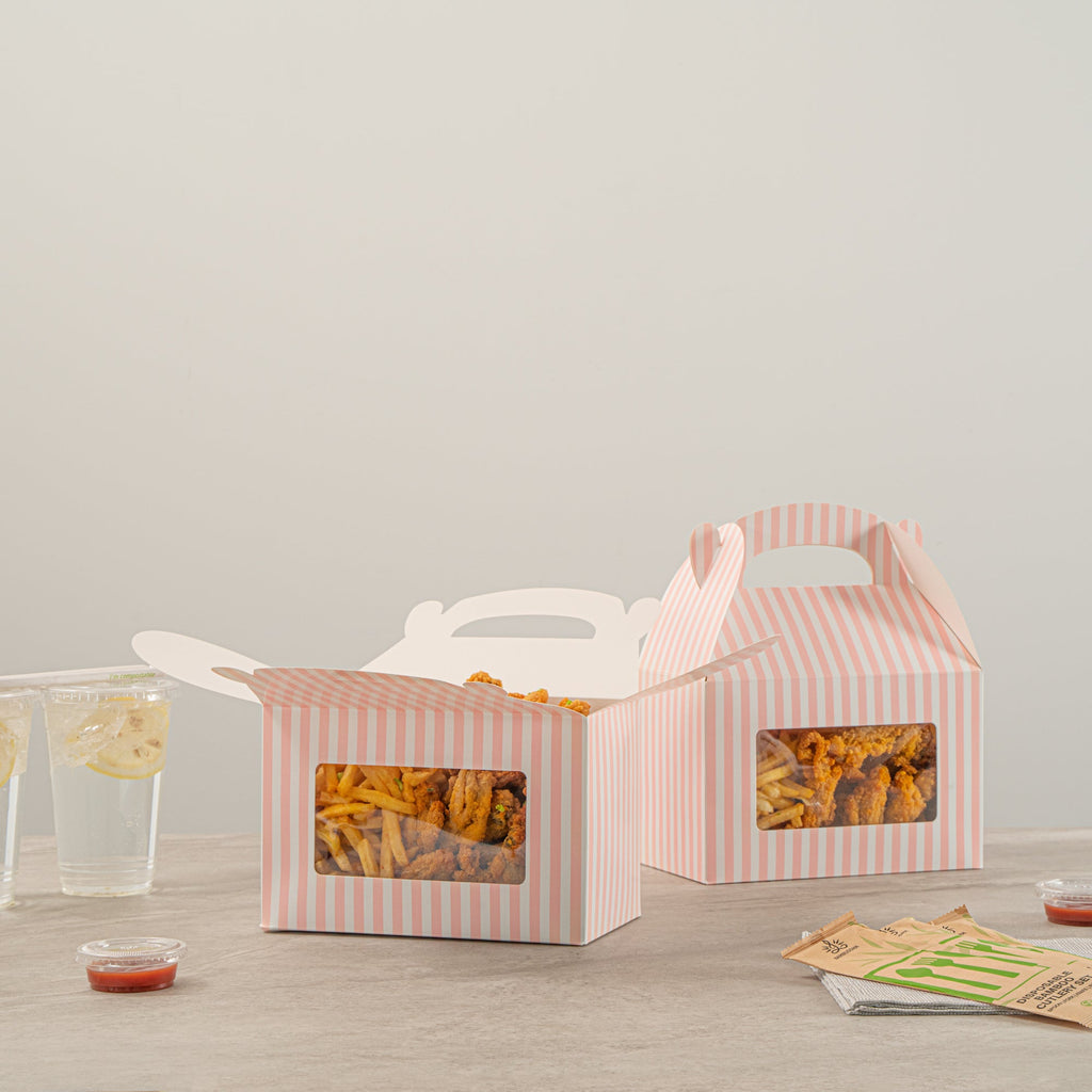 Bio Tek Pink and White Stripe Gable Box / Take Out Container - with Window - 8 1/2" x 4 3/4" x 5 1/2" - 25 count box