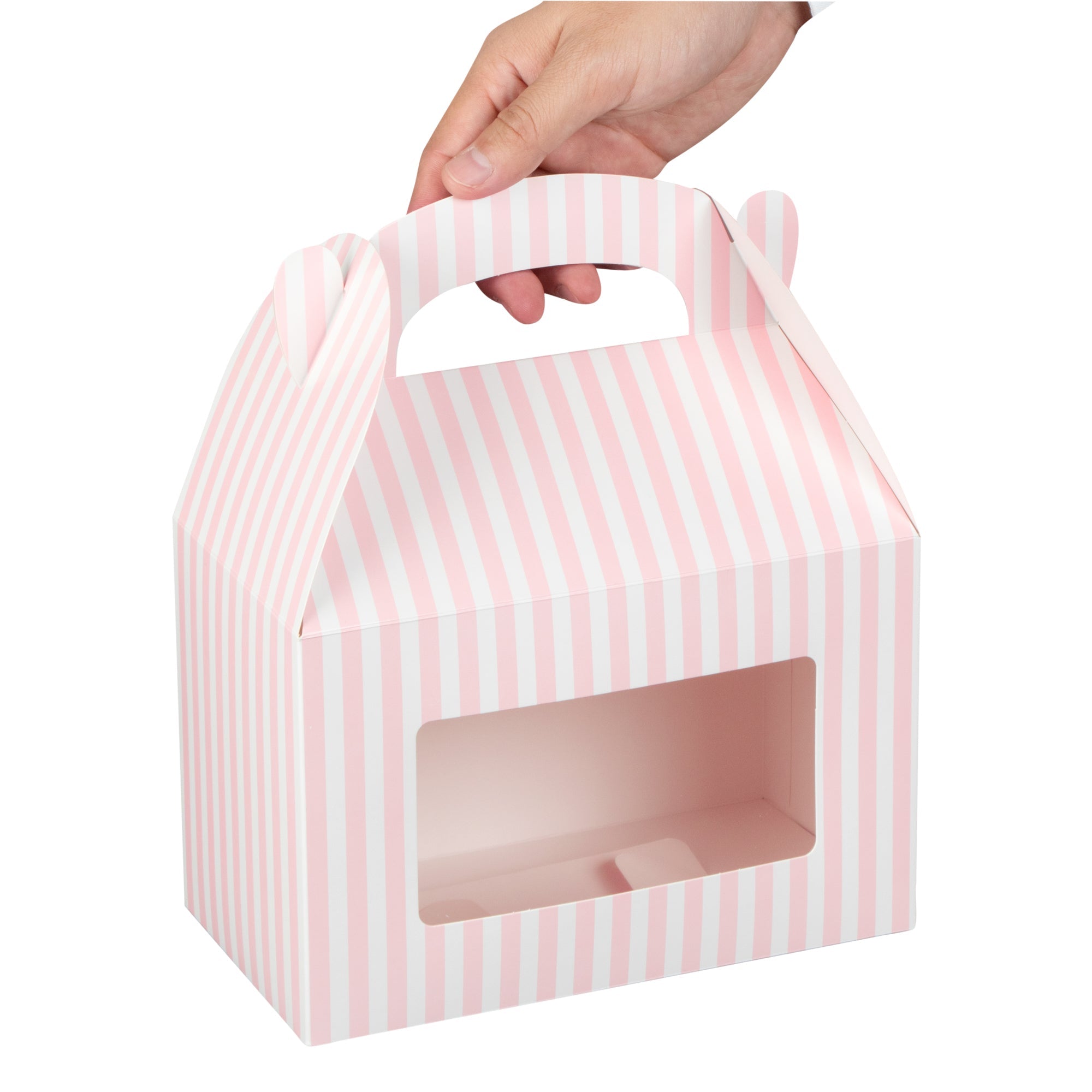 Bio Tek Pink and White Stripe Paper Gable Box / Take Out Container - with Window - 8 1/2" x 4 3/4" x 5 1/2" - 100 count box