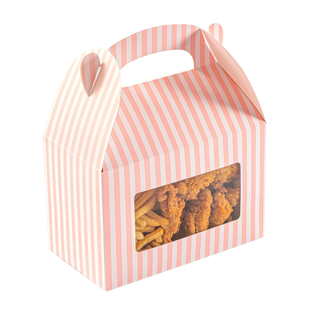 Bio Tek Pink and White Stripe Paper Gable Box / Take Out Container - with Window - 8 1/2" x 4 3/4" x 5 1/2" - 100 count box