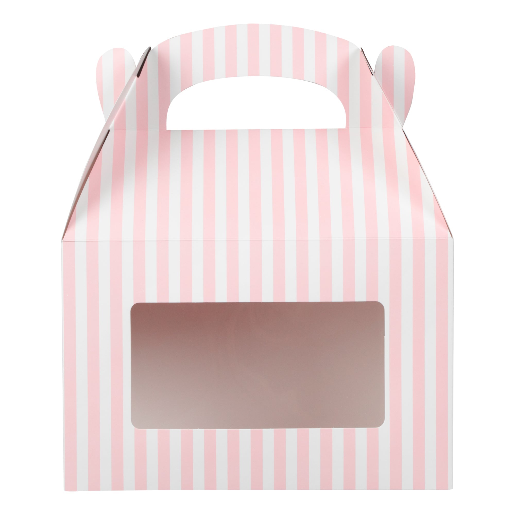 Bio Tek Pink and White Stripe Paper Gable Box / Take Out Container - with Window - 8 1/2" x 4 3/4" x 5 1/2" - 100 count box