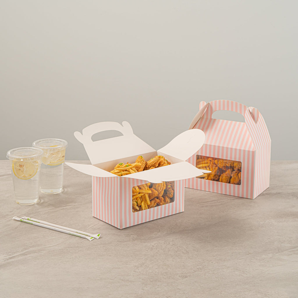 Bio Tek Pink and White Stripe Paper Gable Box / Take Out Container - with Window - 8 1/2" x 4 3/4" x 5 1/2" - 100 count box