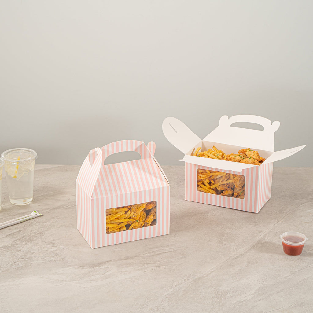 Bio Tek Pink and White Stripe Paper Gable Box / Take Out Container - with Window - 8 1/2" x 4 3/4" x 5 1/2" - 100 count box