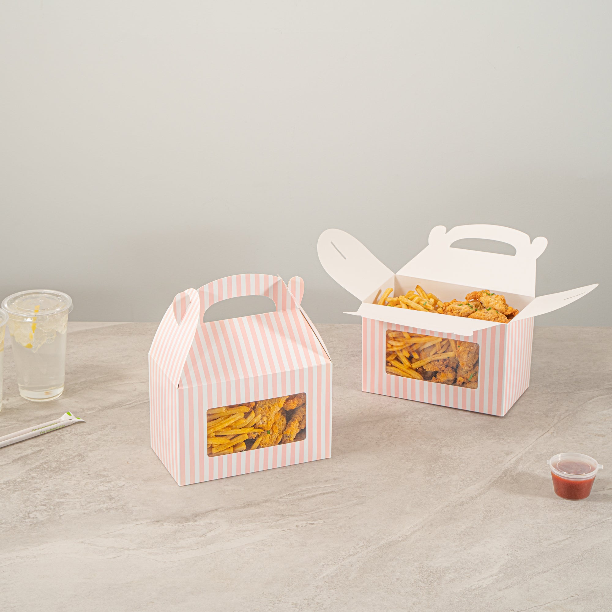 Bio Tek Pink and White Stripe Paper Gable Box / Take Out Container - with Window - 8 1/2" x 4 3/4" x 5 1/2" - 100 count box