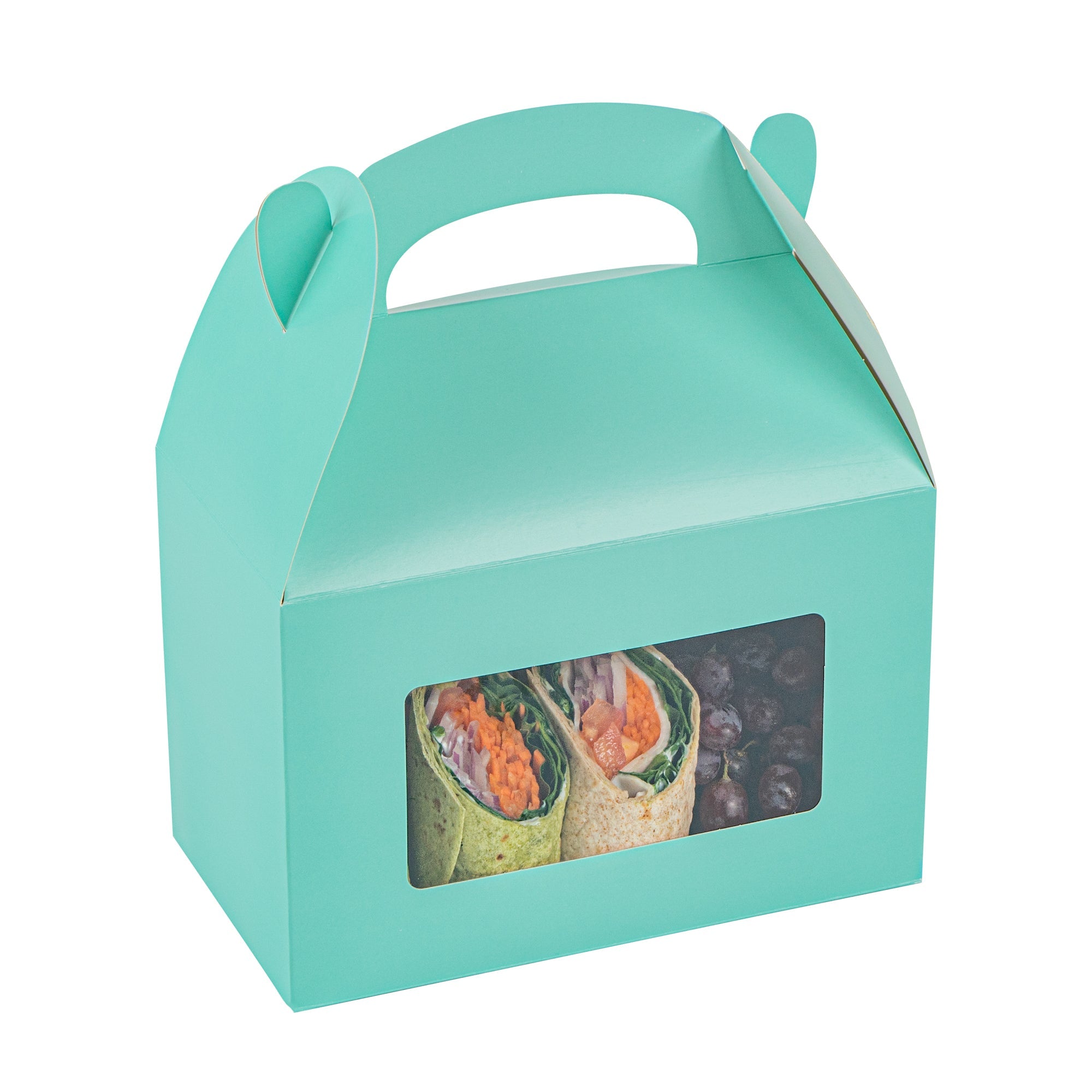 Bio Tek Turquoise Paper Gable Box / Take Out Container - with Window - 8 1/2" x 4 3/4" x 5 1/2" - 100 count box
