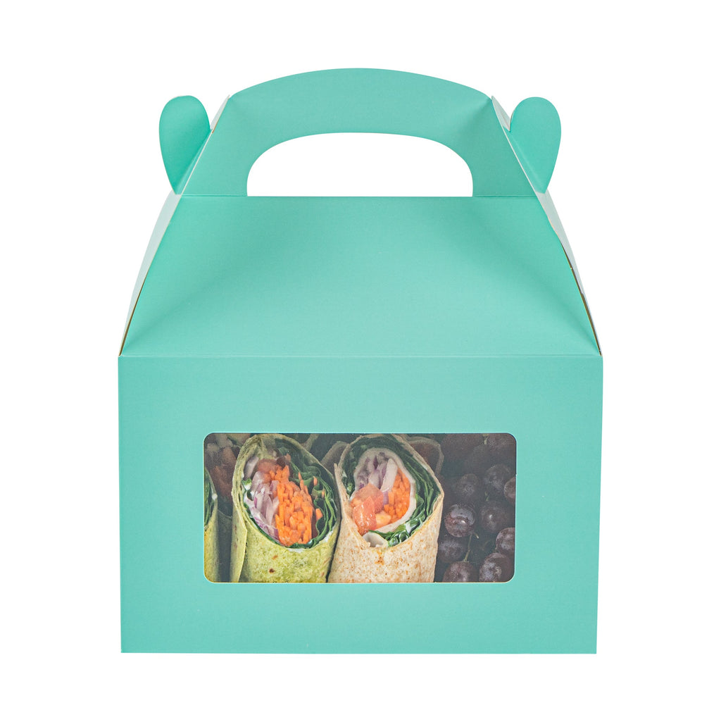 Bio Tek Turquoise Paper Gable Box / Take Out Container - with Window - 8 1/2" x 4 3/4" x 5 1/2" - 100 count box