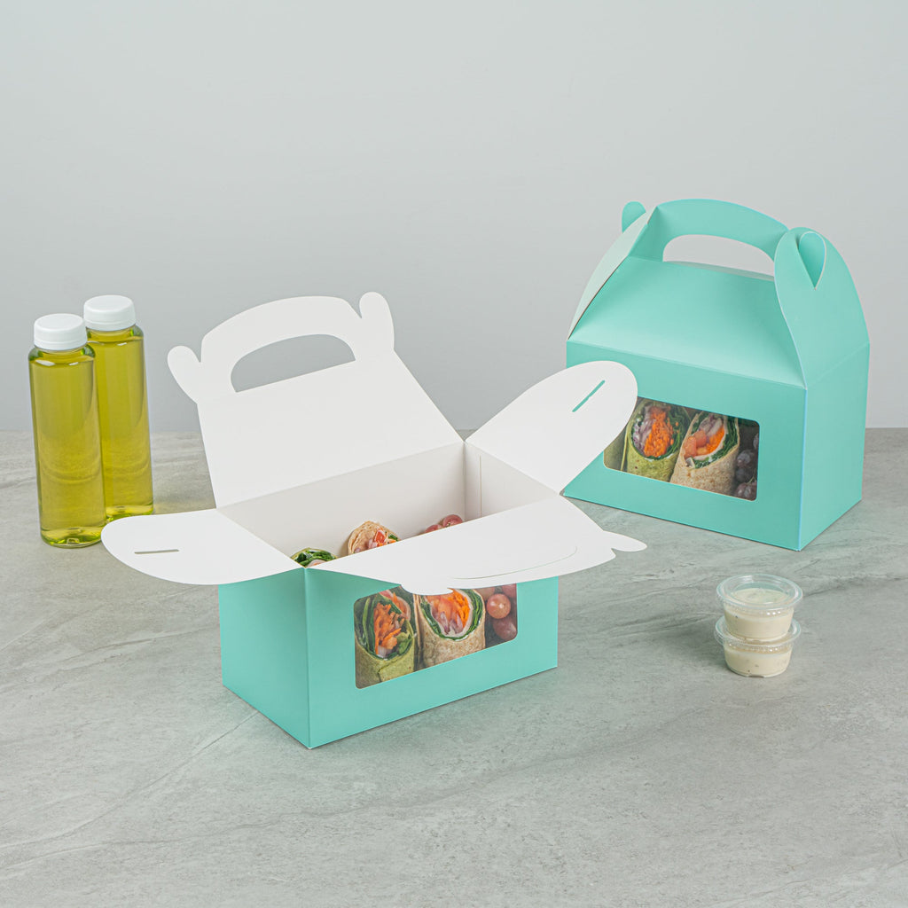 Bio Tek Turquoise Paper Gable Box / Take Out Container - with Window - 8 1/2" x 4 3/4" x 5 1/2" - 100 count box