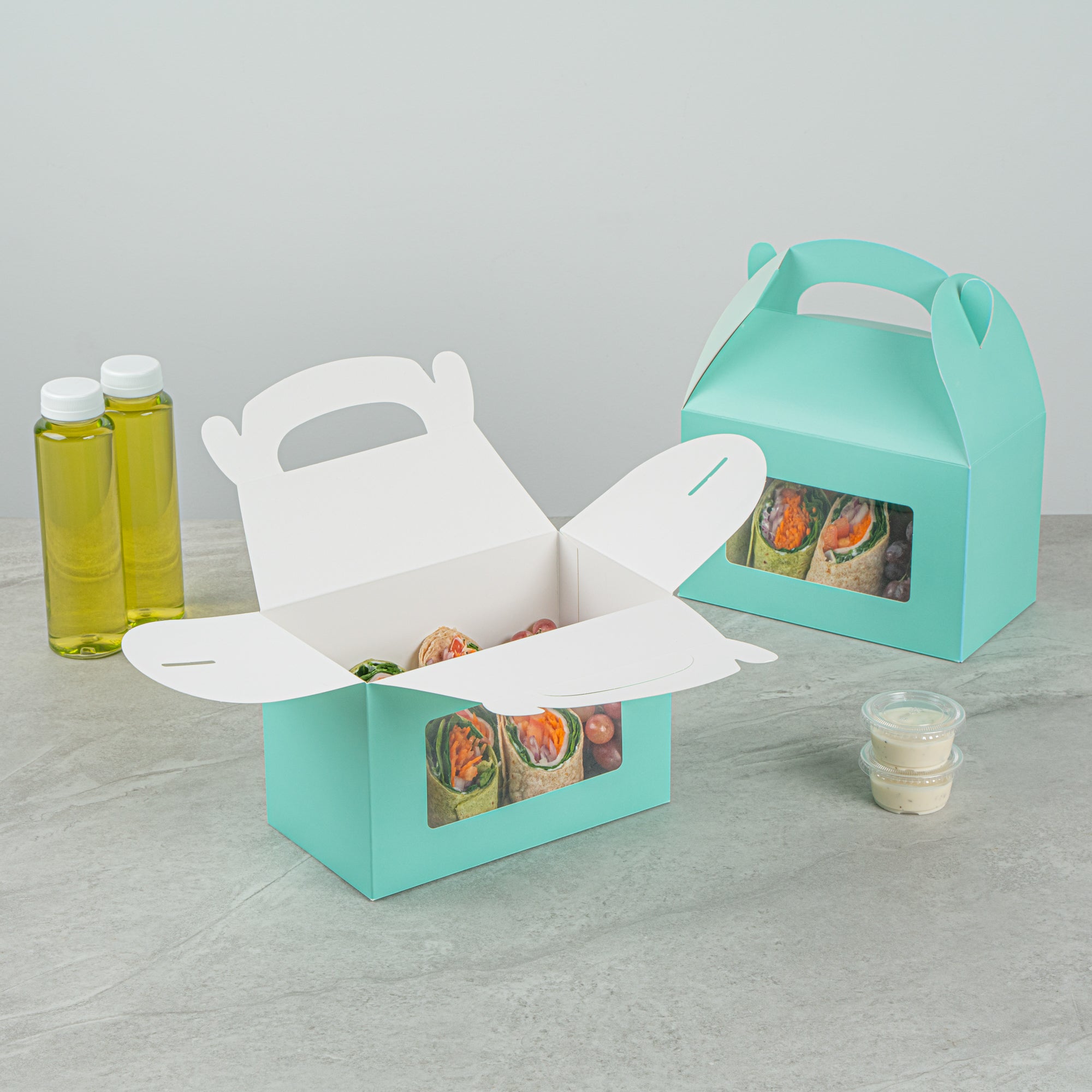 Bio Tek Turquoise Paper Gable Box / Take Out Container - with Window - 8 1/2" x 4 3/4" x 5 1/2" - 100 count box