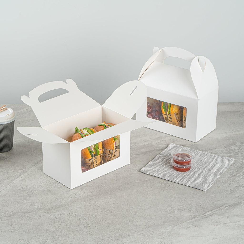 Bio Tek White Paper Gable Box / Take Out Container - Greaseproof, with Window - 8 1/2" x 4 3/4" x 5 1/2" - 25 count box