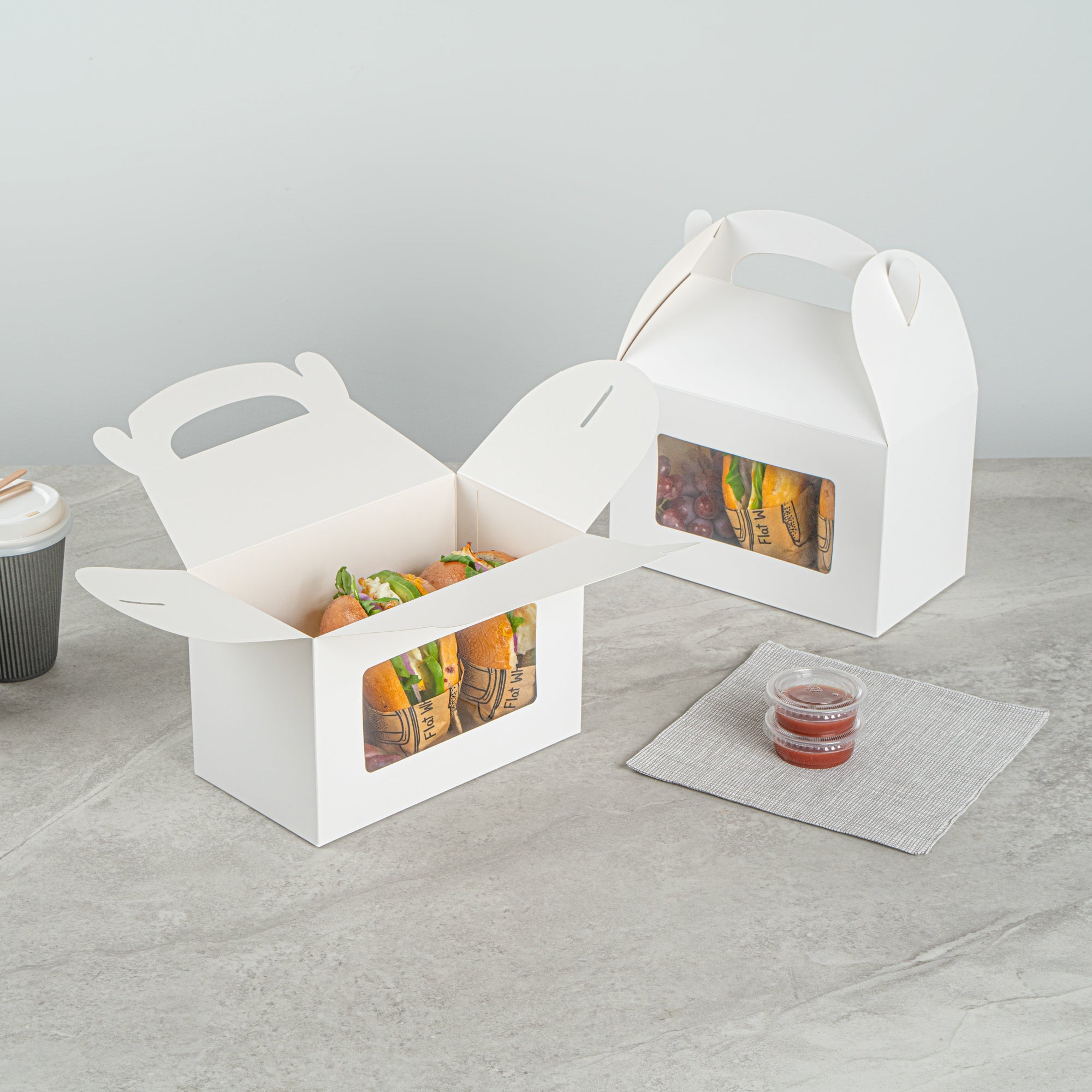 Bio Tek White Paper Gable Box / Take Out Container - Greaseproof, with Window - 8 1/2" x 4 3/4" x 5 1/2" - 25 count box
