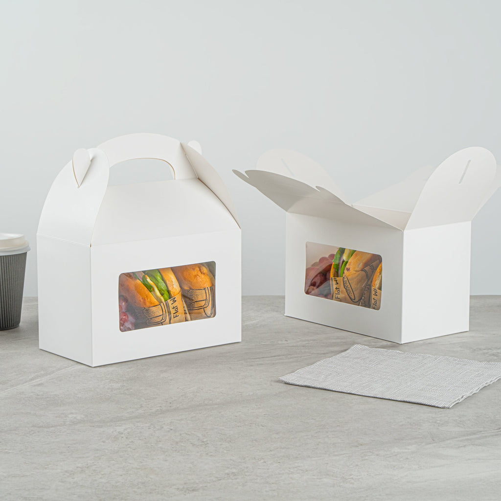 Bio Tek White Paper Gable Box / Take Out Container - Greaseproof, with Window - 8 1/2" x 4 3/4" x 5 1/2" - 25 count box