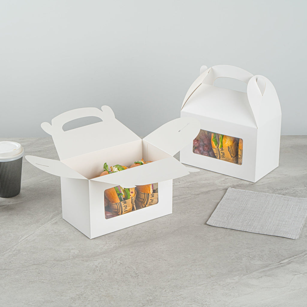 Bio Tek White Paper Gable Box / Take Out Container - Greaseproof, with Window - 8 1/2" x 4 3/4" x 5 1/2" - 25 count box