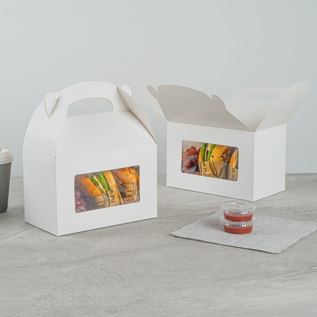 Bio Tek White Paper Gable Box / Take Out Container - Greaseproof, with Window - 8 1/2" x 4 3/4" x 5 1/2" - 25 count box