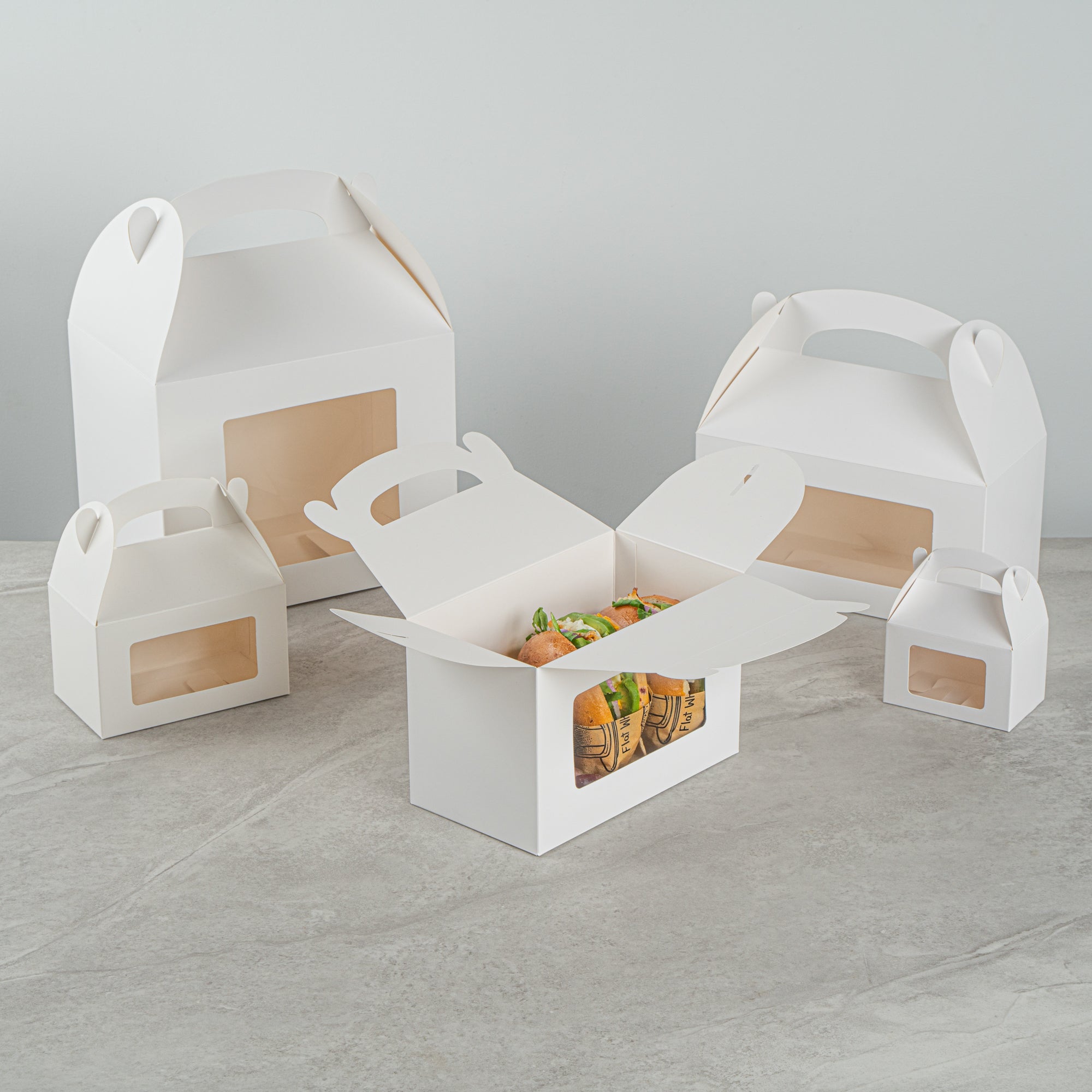 Bio Tek White Paper Gable Box / Take Out Container - Greaseproof, with Window - 8 1/2" x 4 3/4" x 5 1/2" - 25 count box