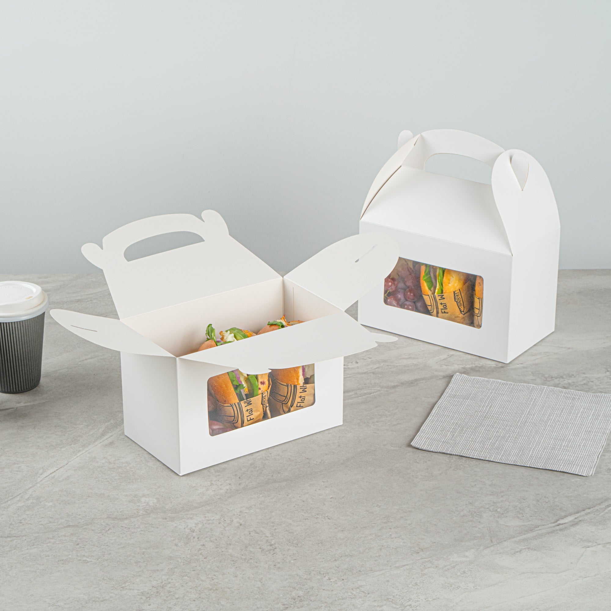 Bio Tek White Paper Gable Box / Take Out Container - Greaseproof, with Window - 8 1/2" x 4 3/4" x 5 1/2" - 100 count box