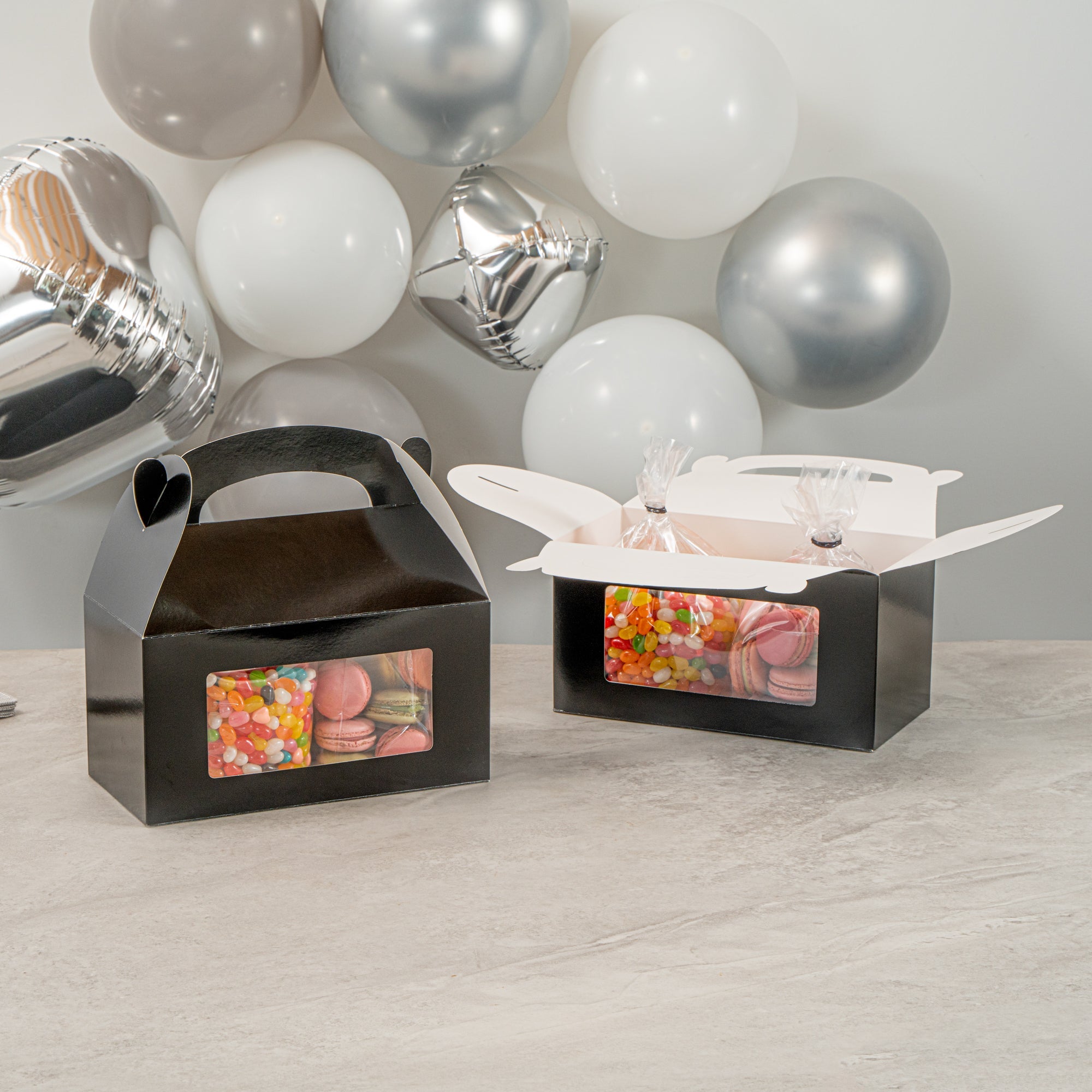 Bio Tek Black Paper Gable Box / Take Out Container - Greaseproof, with Window - 9 1/2" x 5" x 5" - 25 count box