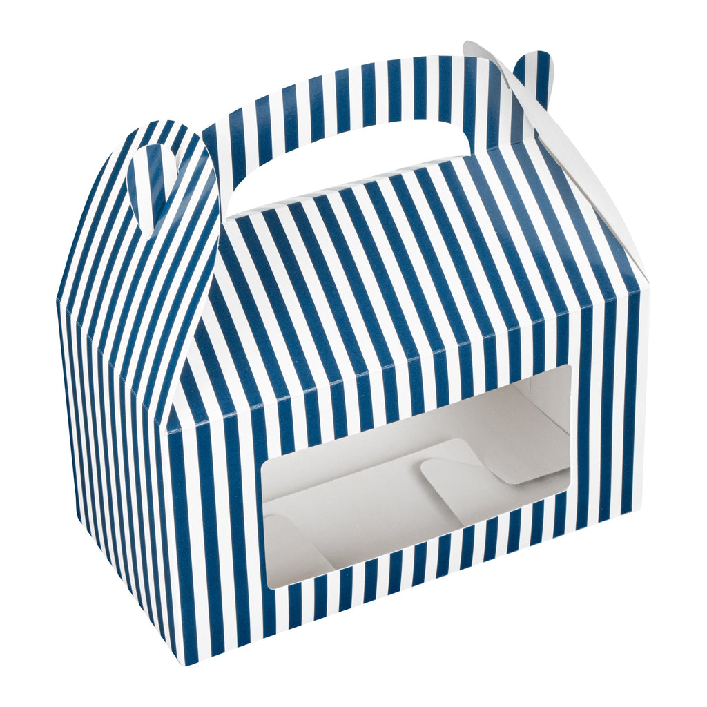 Bio Tek Blue and White Stripe Paper Gable Box / Take Out Container - with Window - 9 1/2" x 5" x 5" - 25 count box