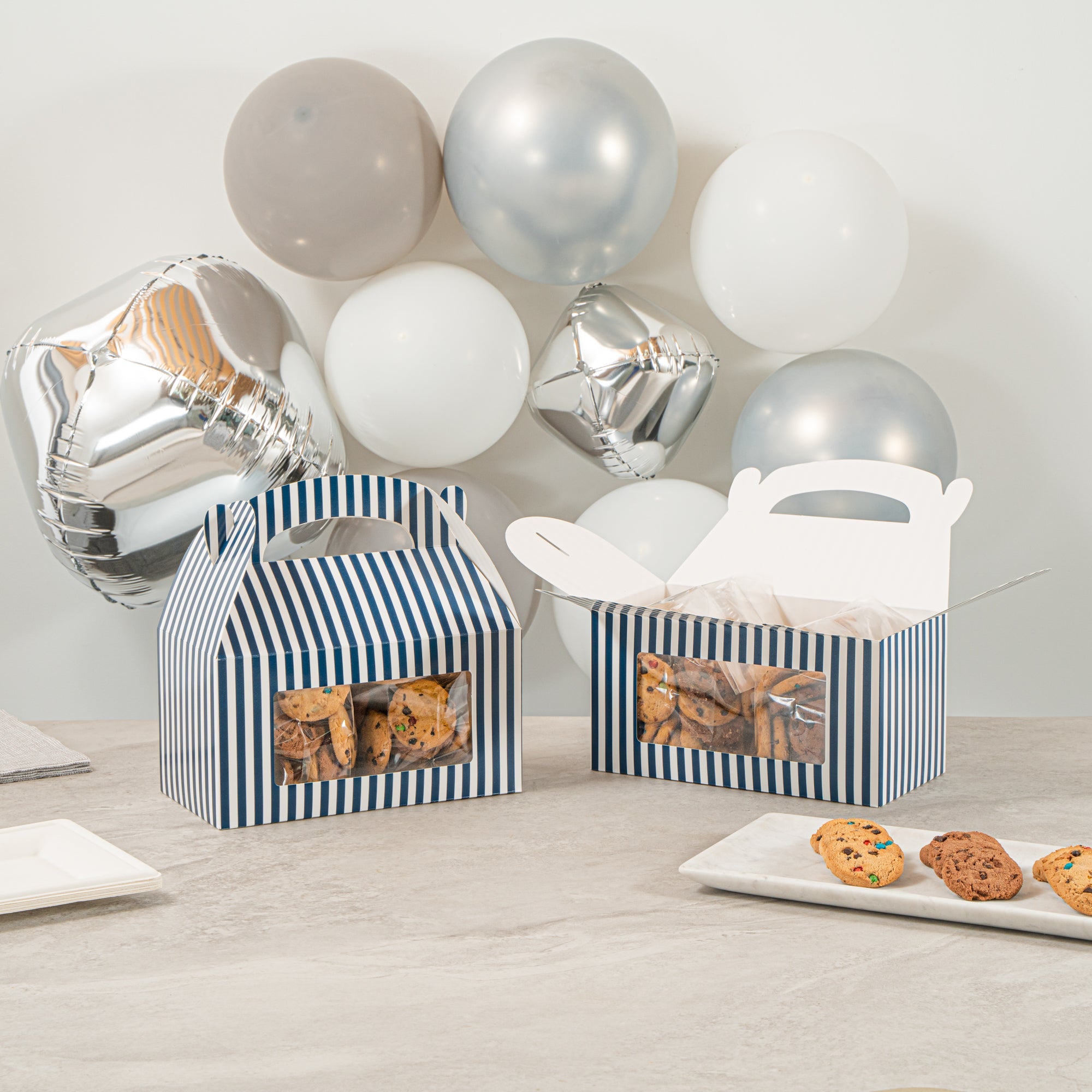 Bio Tek Blue and White Stripe Paper Gable Box / Take Out Container - with Window - 9 1/2" x 5" x 5" - 25 count box