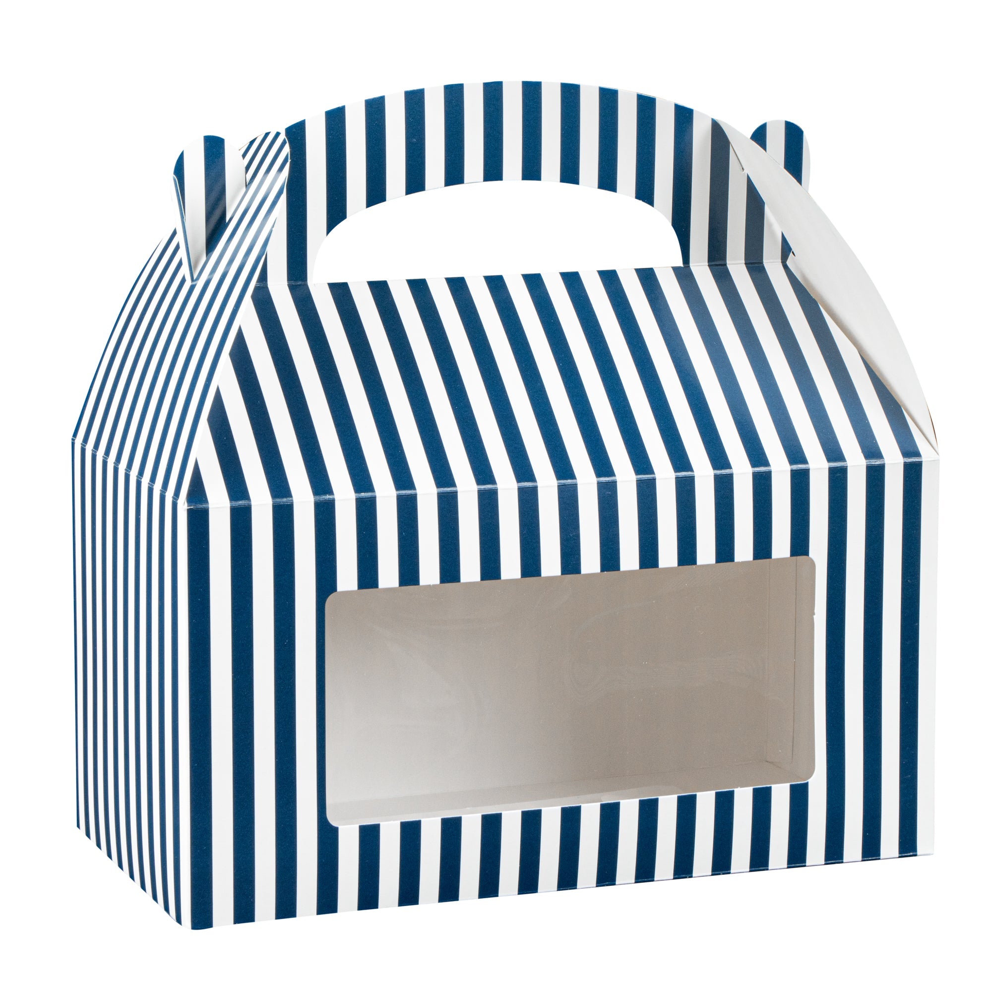 Bio Tek Blue and White Stripe Paper Gable Box / Take Out Container - with Window - 9 1/2" x 5" x 5" - 25 count box