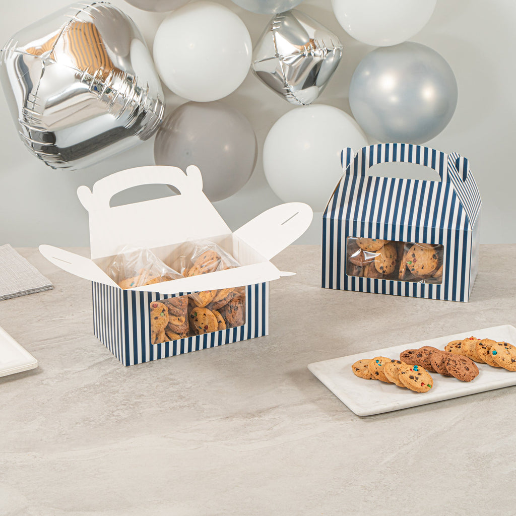 Bio Tek Blue and White Stripe Paper Gable Box / Take Out Container - with Window - 9 1/2" x 5" x 5" - 25 count box