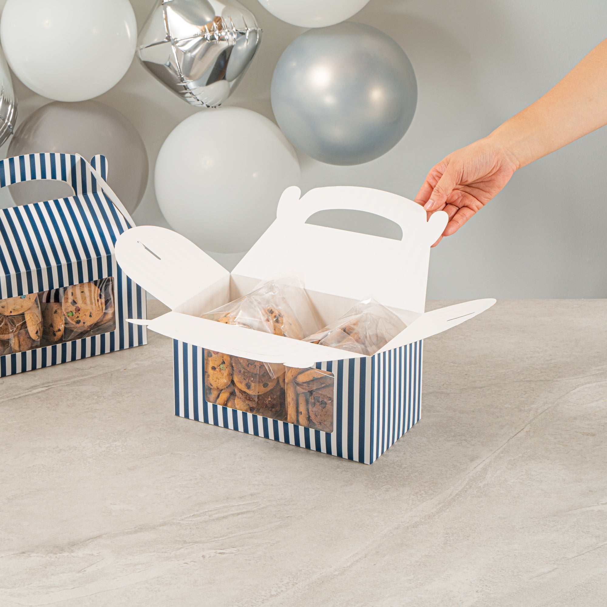 Bio Tek Blue and White Stripe Paper Gable Box / Take Out Container - with Window - 9 1/2" x 5" x 5" - 25 count box