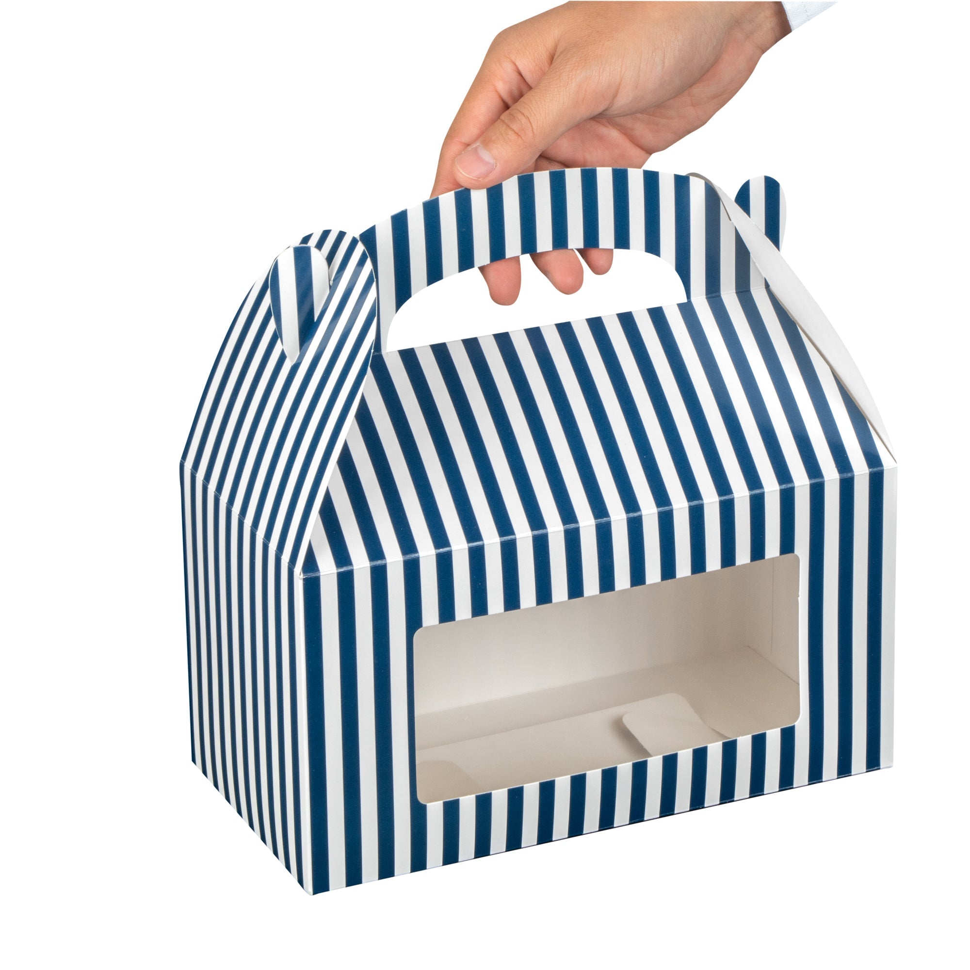 Bio Tek Blue and White Stripe Paper Gable Box / Take Out Container - with Window - 9 1/2" x 5" x 5" - 100 count box