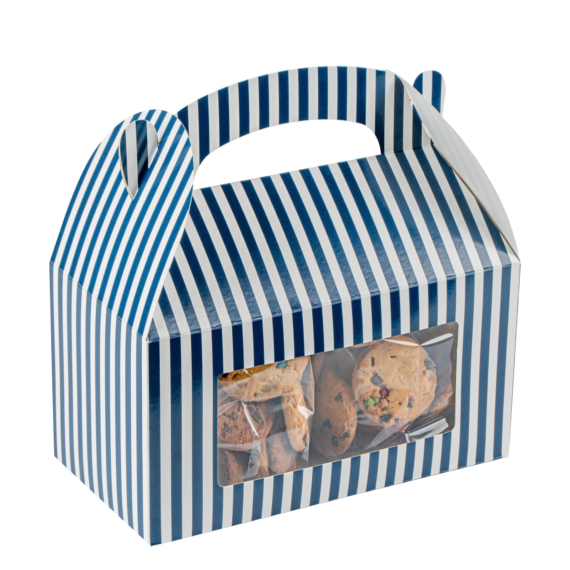 Bio Tek Blue and White Stripe Paper Gable Box / Take Out Container - with Window - 9 1/2" x 5" x 5" - 100 count box