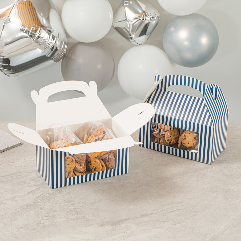 Bio Tek Blue and White Stripe Paper Gable Box / Take Out Container - with Window - 9 1/2" x 5" x 5" - 100 count box